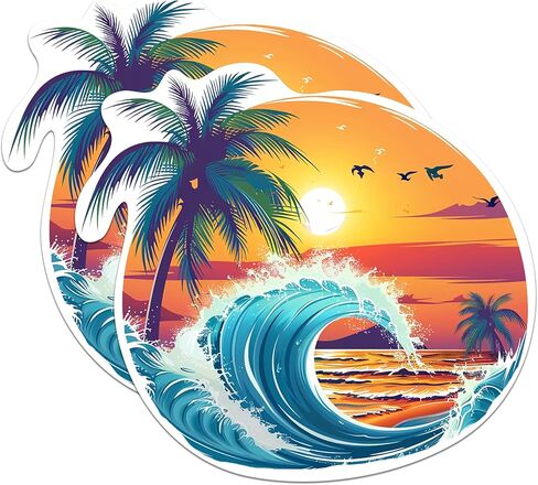 (2 Pack) Ocean Sunset with Palm Tree Stickers - Beach Bum Ocean Lover Sticker - 5 Inches On Longest Side - Premium Vinyl Decal - Sticks to Any Smooth Flat Surface - Made in USA - BMCS2005 in Kuwait