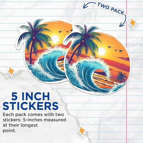 (2 Pack) Ocean Sunset with Palm Tree Stickers - Beach Bum Ocean Lover Sticker - 5 Inches On Longest Side - Premium Vinyl Decal - Sticks to Any Smooth Flat Surface - Made in USA - BMCS2005 in Kuwait