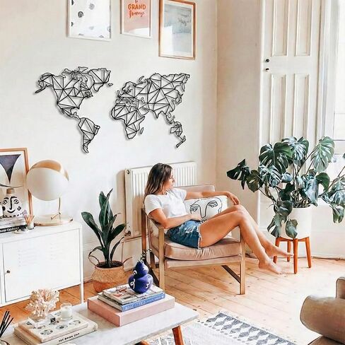 DEKADRON Metal World Map Wall Art, 2 Pieces Geometric World Map Decor, Metal Wall Decor (62" W x 40" H / 158x101cm) in Kuwait