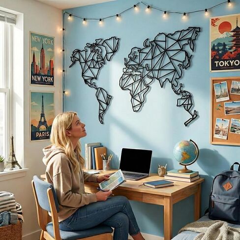 DEKADRON Metal World Map Wall Art, 2 Pieces Geometric World Map Decor, Metal Wall Decor (62" W x 40" H / 158x101cm) in Kuwait