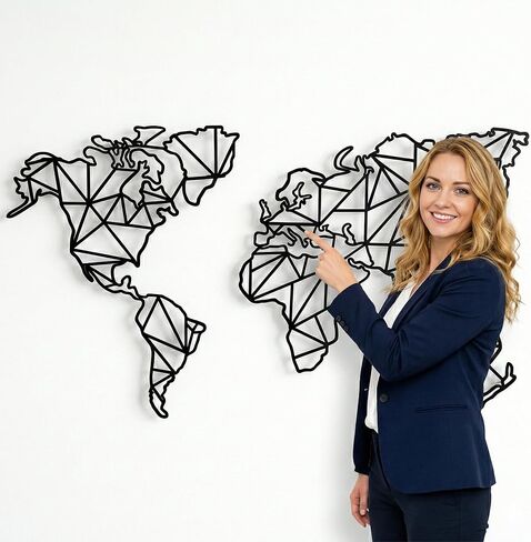 DEKADRON Metal World Map Wall Art, 2 Pieces Geometric World Map Decor, Metal Wall Decor (62" W x 40" H / 158x101cm) in Kuwait