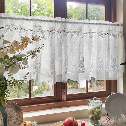 Romatic White Floral Sheer Valance for Kitchen Chic Short Curtain Tier Macrame Light Filtering Cafe Bathroom Room Divider Rod Pocket 1 Panel (W78 X L19 INCH,White) in Saudi Arabia
