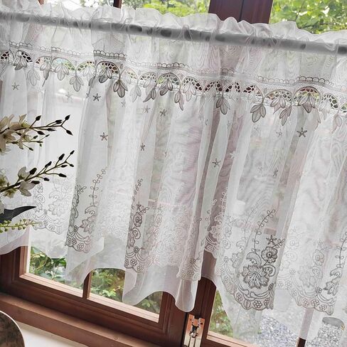 Romatic White Floral Sheer Valance for Kitchen Chic Short Curtain Tier Macrame Light Filtering Cafe Bathroom Room Divider Rod Pocket 1 Panel (W78 X L19 INCH,White) in Saudi Arabia