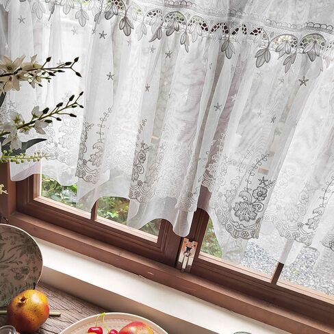 Romatic White Floral Sheer Valance for Kitchen Chic Short Curtain Tier Macrame Light Filtering Cafe Bathroom Room Divider Rod Pocket 1 Panel (W78 X L19 INCH,White) in Saudi Arabia