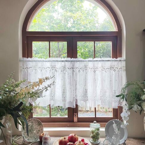 Romatic White Floral Sheer Valance for Kitchen Chic Short Curtain Tier Macrame Light Filtering Cafe Bathroom Room Divider Rod Pocket 1 Panel (W78 X L19 INCH,White) in Saudi Arabia