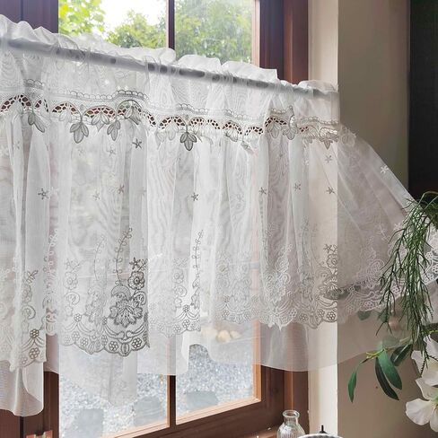 Romatic White Floral Sheer Valance for Kitchen Chic Short Curtain Tier Macrame Light Filtering Cafe Bathroom Room Divider Rod Pocket 1 Panel (W78 X L19 INCH,White) in Saudi Arabia