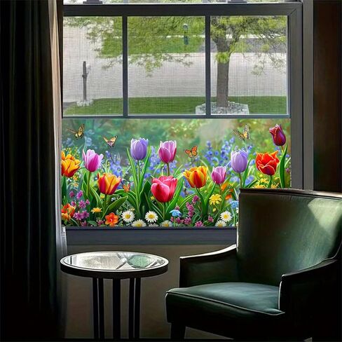 غشاء نافذة على شكل فراشة توليب مقاس 39.3 × 17.7 بوصة ملصق نافذة مزخرف بالزهور الربيعية، طبقة لاصقة ثابتة للنافذة للخصوصية للألواح الزجاجية والباب الأمامي والمطبخ والحمام in Kuwait