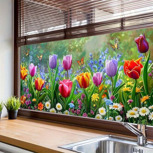 غشاء نافذة على شكل فراشة توليب مقاس 39.3 × 17.7 بوصة ملصق نافذة مزخرف بالزهور الربيعية، طبقة لاصقة ثابتة للنافذة للخصوصية للألواح الزجاجية والباب الأمامي والمطبخ والحمام in Kuwait