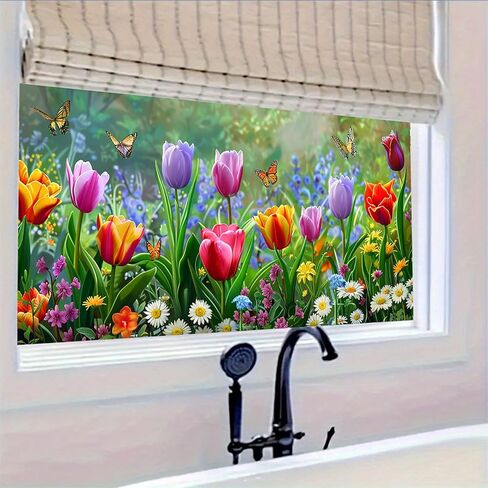 غشاء نافذة على شكل فراشة توليب مقاس 39.3 × 17.7 بوصة ملصق نافذة مزخرف بالزهور الربيعية، طبقة لاصقة ثابتة للنافذة للخصوصية للألواح الزجاجية والباب الأمامي والمطبخ والحمام in Kuwait