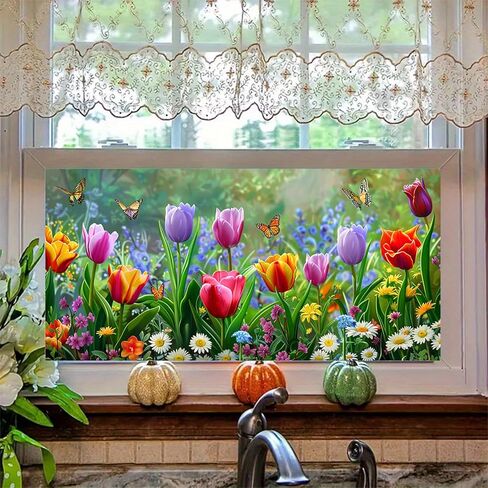 غشاء نافذة على شكل فراشة توليب مقاس 39.3 × 17.7 بوصة ملصق نافذة مزخرف بالزهور الربيعية، طبقة لاصقة ثابتة للنافذة للخصوصية للألواح الزجاجية والباب الأمامي والمطبخ والحمام in Kuwait