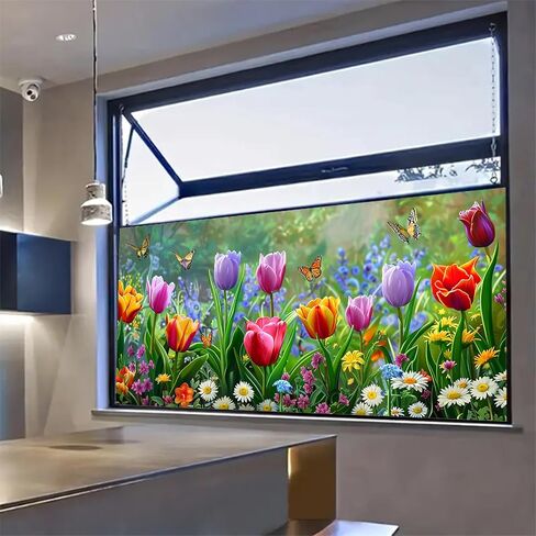 غشاء نافذة على شكل فراشة توليب مقاس 39.3 × 17.7 بوصة ملصق نافذة مزخرف بالزهور الربيعية، طبقة لاصقة ثابتة للنافذة للخصوصية للألواح الزجاجية والباب الأمامي والمطبخ والحمام in Kuwait