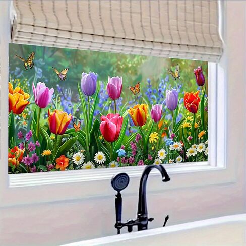 غشاء نافذة على شكل فراشة توليب مقاس 39.3 × 17.7 بوصة ملصق نافذة مزخرف بالزهور الربيعية، طبقة لاصقة ثابتة للنافذة للخصوصية للألواح الزجاجية والباب الأمامي والمطبخ والحمام in Kuwait