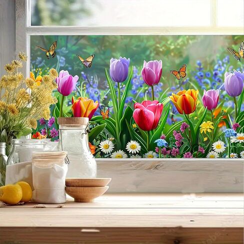 غشاء نافذة على شكل فراشة توليب مقاس 39.3 × 17.7 بوصة ملصق نافذة مزخرف بالزهور الربيعية، طبقة لاصقة ثابتة للنافذة للخصوصية للألواح الزجاجية والباب الأمامي والمطبخ والحمام in Kuwait