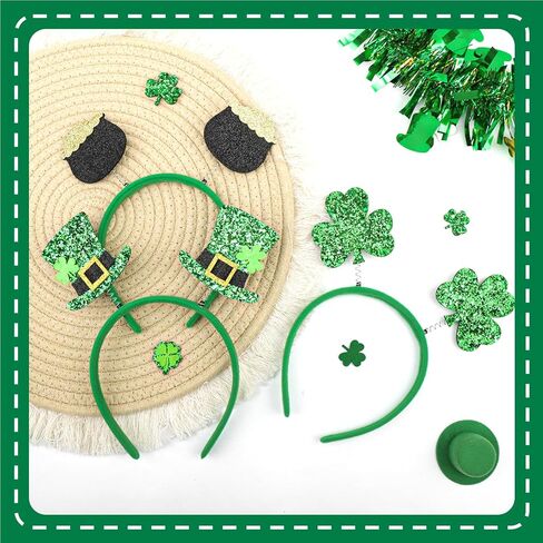 YanJie 3PCS St Patrick Day Headband Glitter Shamrock Green إكسسوارات الشعر للأطفال عصابات الرأس Leprechaun Top Hat Party Favors Headbands للرجال in Saudi Arabia