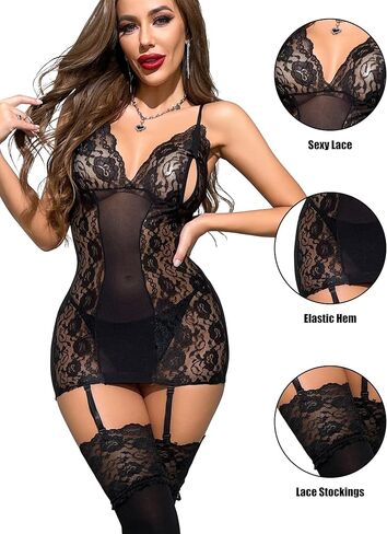 طقم لانجري نسائي أسود مثير، بدلة تيدي مع أشرطة رباط وجوارب دانتيل، قطعة واحدة شبكية شفافة بدون ظهر، ناعمة قابلة للتمدد مقاس واحد لشهر العسل في عيد الحب in Kuwait