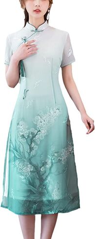 RZIHOI Traditional Ao Dai Vietnamese Dress for Women Chiffon Embroidered Cheongsam Spring Summer Qipao Chinese Style Dresses in Saudi Arabia