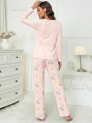 Womens Pajama Set, Long Sleeve Top and Pants, 2 Piece Sleepwear Loungewear Set, Crew Neck Sleep Shirt, Rabbit Print Pajama in Saudi Arabia
