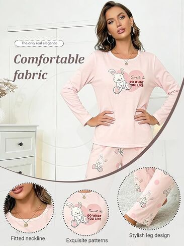 Womens Pajama Set, Long Sleeve Top and Pants, 2 Piece Sleepwear Loungewear Set, Crew Neck Sleep Shirt, Rabbit Print Pajama in Saudi Arabia