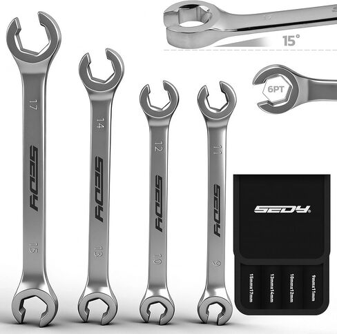 SEDY 4-Piece Flare Nut Wrench Set, Offset End Spanner Metric 9,10, 11,12, 13, 14, 15, 17mm, CR-V Steel, with Storage Pouch for Repair and Remove Nuts on Fuel, Tube, Hose, Transmission Lines in Kuwait