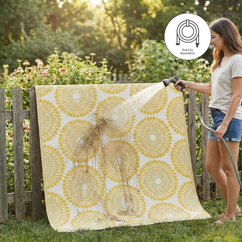 Fab Habitat Outdoor Rug - Waterproof, Fade Resistant, Crease-Free - Premium Recycled Plastic - Floral Medallion - Porch, Deck, Balcony, Mudroom, Laundry Room, Patio - Rio - Yellow - 3 x 5 ft in Saudi Arabia