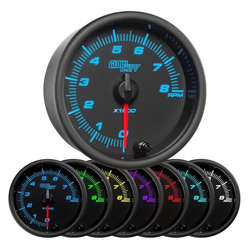 GlowShift Black 7 Color 8,000 RPM Tachometer Gauge - for 1-10 Cylinder Gas Powered Engines - Mounts in Custom Dashboard - Black Dial - Clear Lens - 3-3/8" 85mm in Saudi Arabia