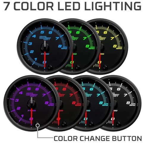 GlowShift Black 7 Color 8,000 RPM Tachometer Gauge - for 1-10 Cylinder Gas Powered Engines - Mounts in Custom Dashboard - Black Dial - Clear Lens - 3-3/8" 85mm in Saudi Arabia