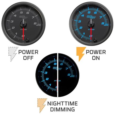 GlowShift Black 7 Color 8,000 RPM Tachometer Gauge - for 1-10 Cylinder Gas Powered Engines - Mounts in Custom Dashboard - Black Dial - Clear Lens - 3-3/8" 85mm in Saudi Arabia