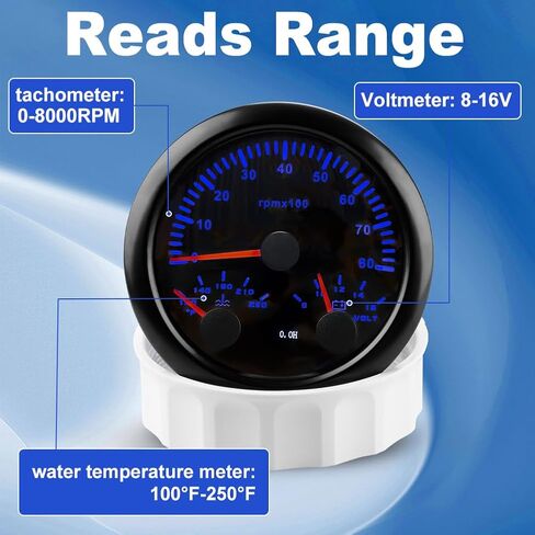 WATERWICH 7 اللون 3/8 "85 مللي متر 3in1 مقياس سرعة الدوران RPM مقياس درجة حرارة الماء الفولتميتر لسيارة شاحنة قارب مركبة SUV in Saudi Arabia