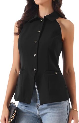 Allegra K Halter Neck Suit Vest Tops for Women Collared Button Up Business Casual Sleeveless Blazer Waistcoat in Saudi Arabia