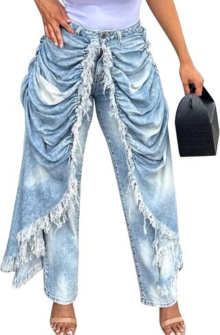 Women's Straight Jeans High Waisted Raw Trim Patchwork Denim Pants Plus Size Streetwear Distressed Jeans in Kuwait