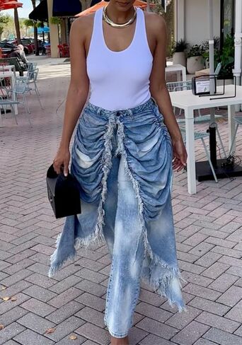 Women's Straight Jeans High Waisted Raw Trim Patchwork Denim Pants Plus Size Streetwear Distressed Jeans in Saudi Arabia