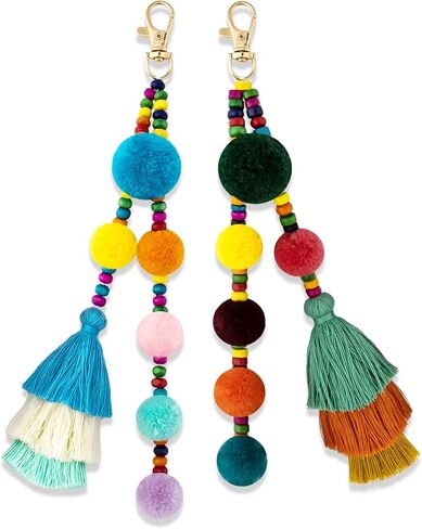 Beaded Bag Charm Pom Pom keychain Bag Accessories Cute Bag Charm Boho Gifts for Women Purse Charms Boho Keychain Charms for Purses Tassel Keychains for Mom Friends in Kuwait
