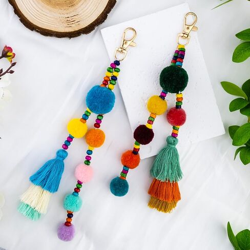 Beaded Bag Charm Pom Pom keychain Bag Accessories Cute Bag Charm Boho Gifts for Women Purse Charms Boho Keychain Charms for Purses Tassel Keychains for Mom Friends in Kuwait