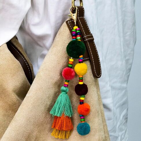 Beaded Bag Charm Pom Pom keychain Bag Accessories Cute Bag Charm Boho Gifts for Women Purse Charms Boho Keychain Charms for Purses Tassel Keychains for Mom Friends in Kuwait