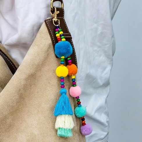 Beaded Bag Charm Pom Pom keychain Bag Accessories Cute Bag Charm Boho Gifts for Women Purse Charms Boho Keychain Charms for Purses Tassel Keychains for Mom Friends in Kuwait