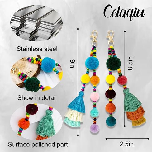 Beaded Bag Charm Pom Pom keychain Bag Accessories Cute Bag Charm Boho Gifts for Women Purse Charms Boho Keychain Charms for Purses Tassel Keychains for Mom Friends in Kuwait