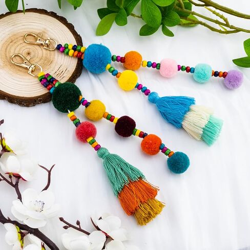 Beaded Bag Charm Pom Pom keychain Bag Accessories Cute Bag Charm Boho Gifts for Women Purse Charms Boho Keychain Charms for Purses Tassel Keychains for Mom Friends in Kuwait