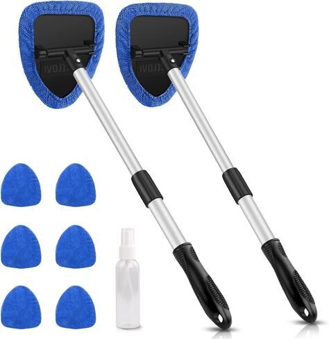 AstroAI Windshield Cleaning Tool, Car Window Cleaner Windshield Cleaner with 8 Reusable and Washable Microfiber Pads and Extendable Handle Auto Inside Glass Wiper Kit, Blue, 2 Pack in Kuwait