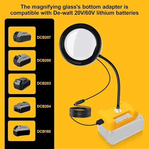 عدسة مكبرة 8X مع محول ضوء وبطارية لبطارية ليثيوم أيون DeWalt 20V، 72 LED 3 أوضاع ألوان، مصباح مكتبي قابل للتعتيم بدون خطوات، مكبرة مرنة بدون استخدام اليدين لهوايات الأعمال اليدوية in Kuwait