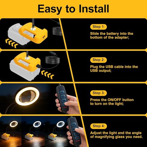 عدسة مكبرة 8X مع محول ضوء وبطارية لبطارية ليثيوم أيون DeWalt 20V، 72 LED 3 أوضاع ألوان، مصباح مكتبي قابل للتعتيم بدون خطوات، مكبرة مرنة بدون استخدام اليدين لهوايات الأعمال اليدوية in Kuwait