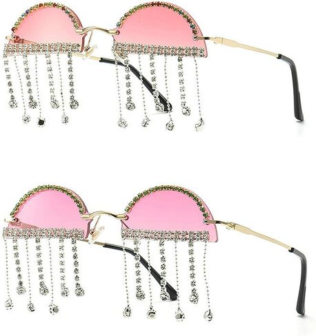 COTIA Unique Diamond Tassel Sunglasses Women Cute Half Round Rimless Rhinestone Pendant Party Sun Glasses Eyewear in Kuwait