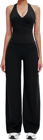 Meyeka 2 قطعة مجموعات تجريب للنساء الرسن الخامس الرقبة مبطن تانك القمم مطابقة الساق المستقيمة اليوغا السراويل ملابس الصالة الرياضية in Kuwait