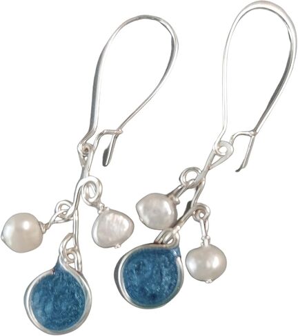 Handmade Lightweight Denim and Pearl Cluster Womens Drop Earrings Beads by Bettina in Kuwait