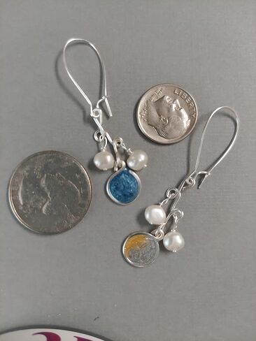 Handmade Lightweight Denim and Pearl Cluster Womens Drop Earrings Beads by Bettina in Kuwait