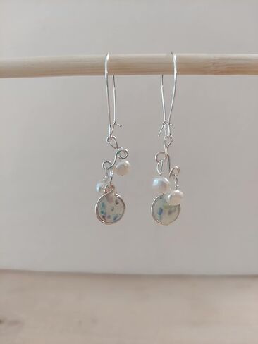 Handmade Lightweight Denim and Pearl Cluster Womens Drop Earrings Beads by Bettina in Kuwait