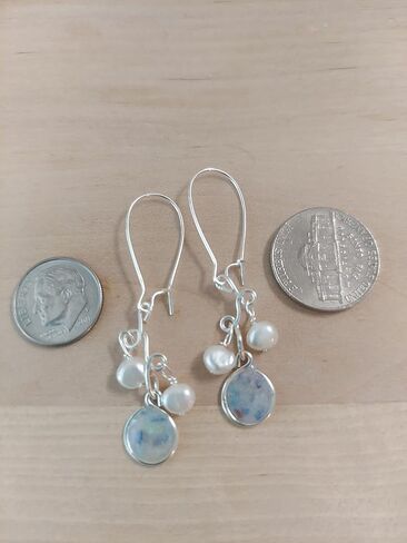 Handmade Lightweight Denim and Pearl Cluster Womens Drop Earrings Beads by Bettina in Kuwait