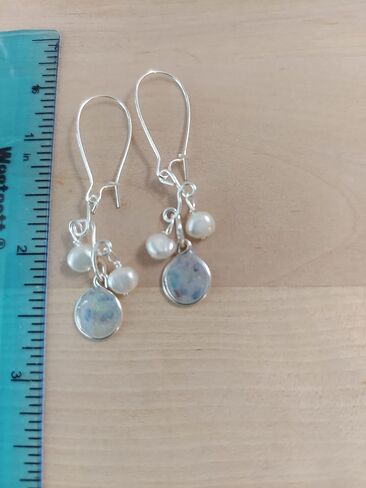 Handmade Lightweight Denim and Pearl Cluster Womens Drop Earrings Beads by Bettina in Kuwait