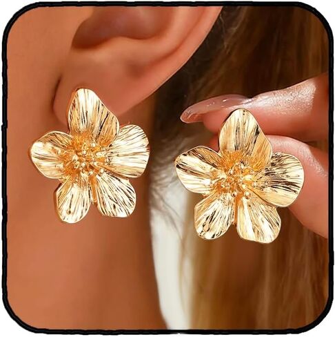 Large Gold Flower Earrings for Women, Chunky Petal Design White & Gold Stud Earrings, Lightweight Hypoallergenic Stainless Steel Jewelry for Party, Holiday Festive Fall Outfits, Elegant Gifts for Her in Kuwait