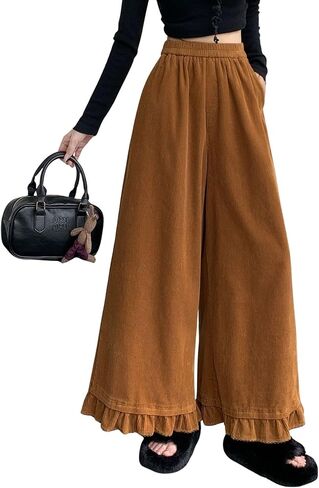 chouyatou Women's Elastic Waist Corduroy Wide Leg Pants Flare Bell Bottom Long Palazzo Pants Culottes with Pockets in Saudi Arabia