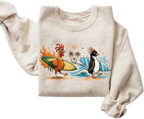 Funny Surfing Chicken and Penguin Sweatshirt Cute Beach Animal Graphic Pullover in Kuwait